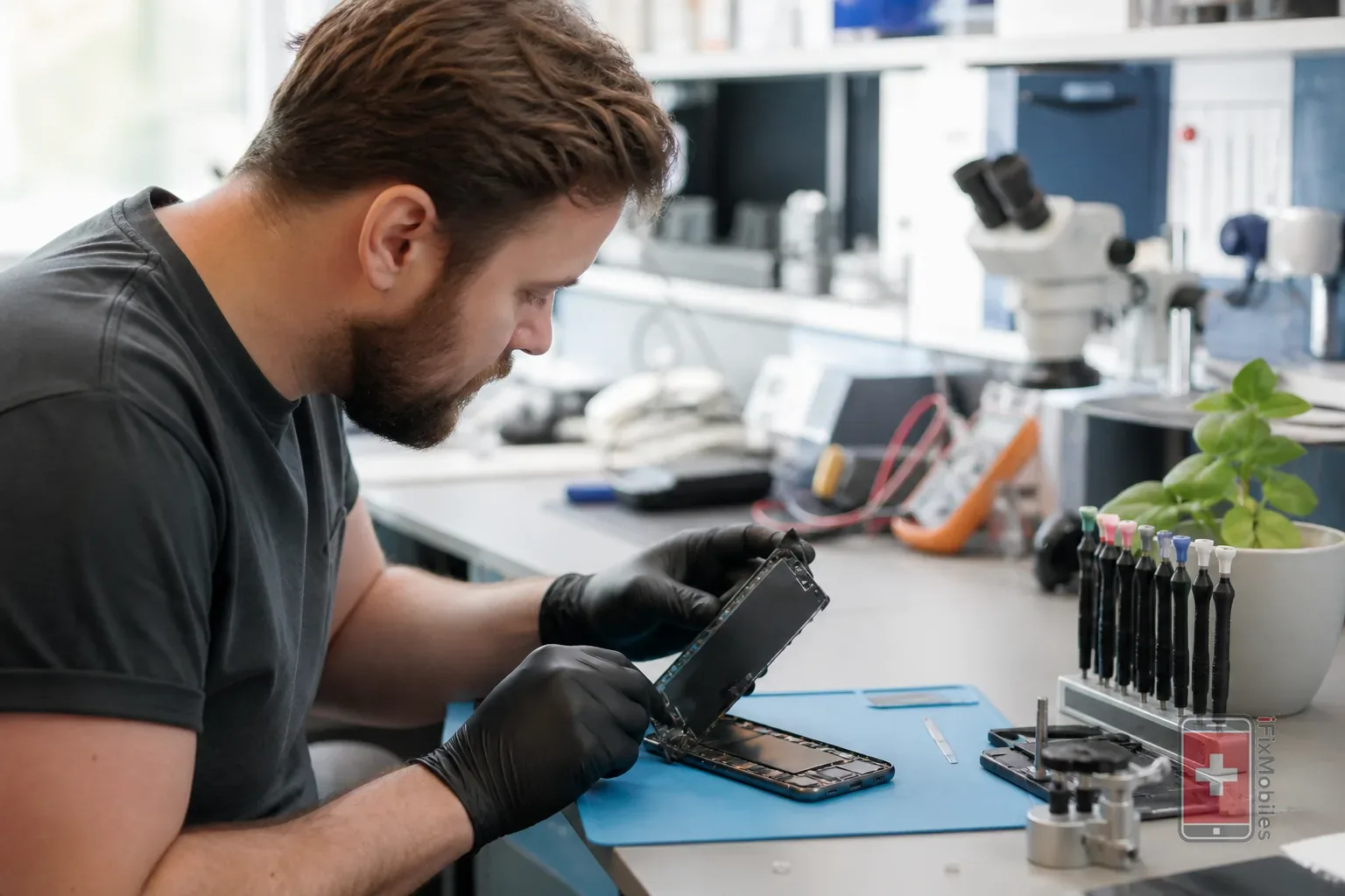 Technician repairing a smartphone at iFix Mobiles Brisbane