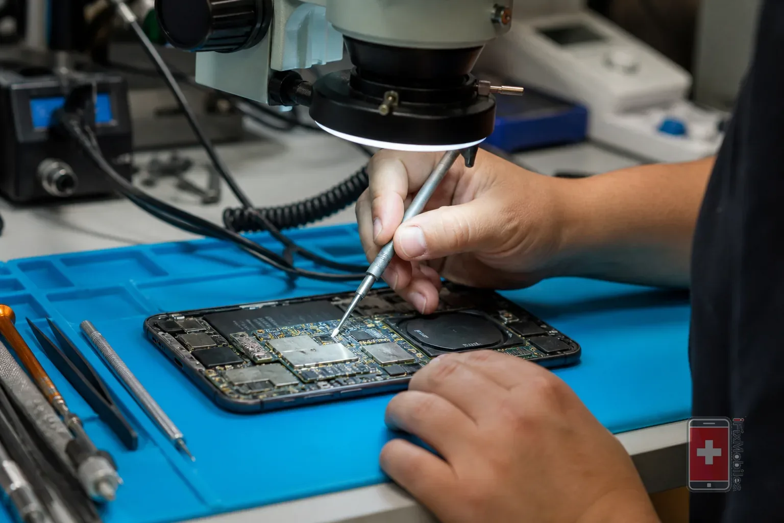 Water damaged phone circuit board inspection in Chermside